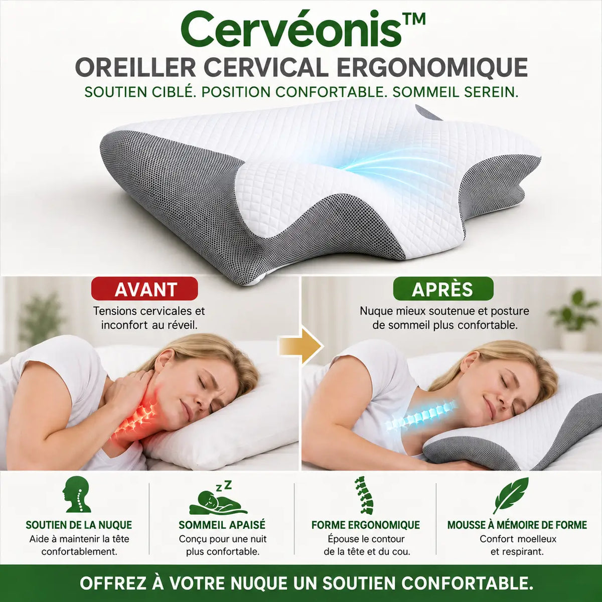 Cervéonis™ Oreiller Cervical Ergonomique | Élimine les douleurs cervicales dès la première nuit!