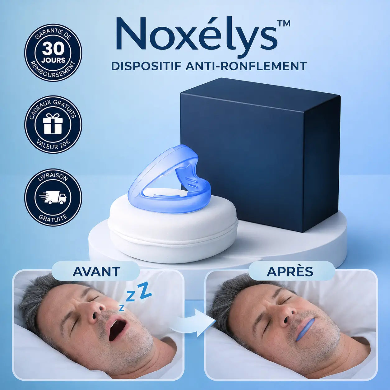 Noxélys™ Dispositif Anti-Ronflement | Stoppez les ronflements et dormez paisiblement en quelques secondes !