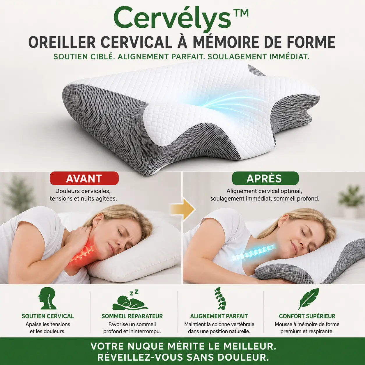 Cervélys™ Oreiller Cervical à Mémoire de Forme | Retrouvez des nuits sans douleurs en 3 minutes !