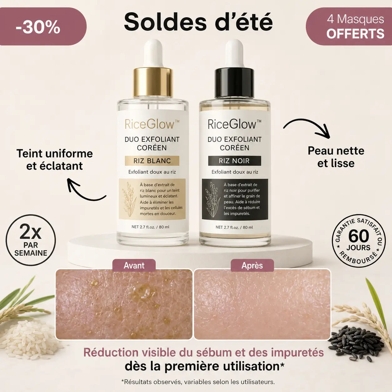 RiceGlow™ Duo Exfoliant Coréen Riz Noir & Riz Blanc | Désincrustez les pores, chassez les points noirs et révélez une peau lisse en 2 minutes !