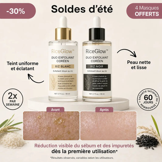 RiceGlow™ Duo Exfoliant Coréen Riz Noir & Riz Blanc | Désincrustez les pores, chassez les points noirs et révélez une peau lisse en 2 minutes !