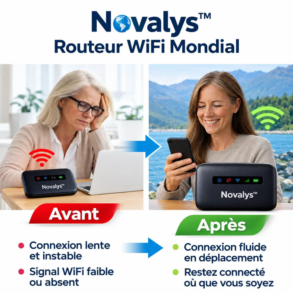 Novalys™ Routeur WiFi Mondial | Internet 4G/5G dans 196 pays en 5 secondes chrono, sans surcoût !