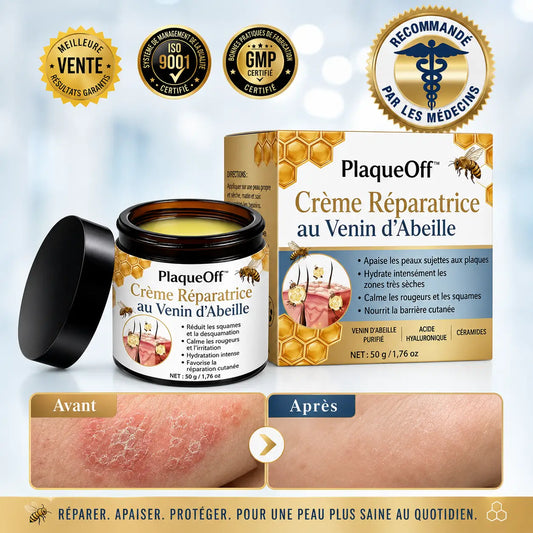 PlaqueOff™ Crème Réparatrice au Venin d’Abeille | Apaisez les plaques, rougeurs et démangeaisons en 60 secondes !