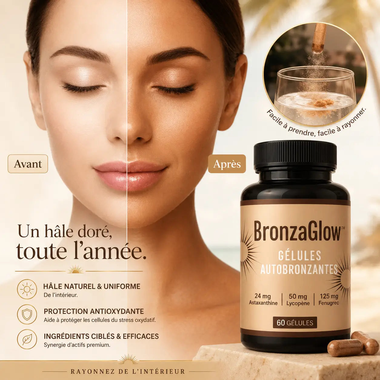 BronzaGlow™ Gélules Autobronzantes | Obtenez un teint hâlé et uniforme en 2 semaines, sans soleil !