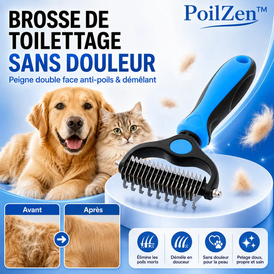 PoilZen™ Brosse Anti-Poils & Démêlage 2-en-1 | Retirez les poils morts sans douleur et apaisez le toilettage dès la première séance !