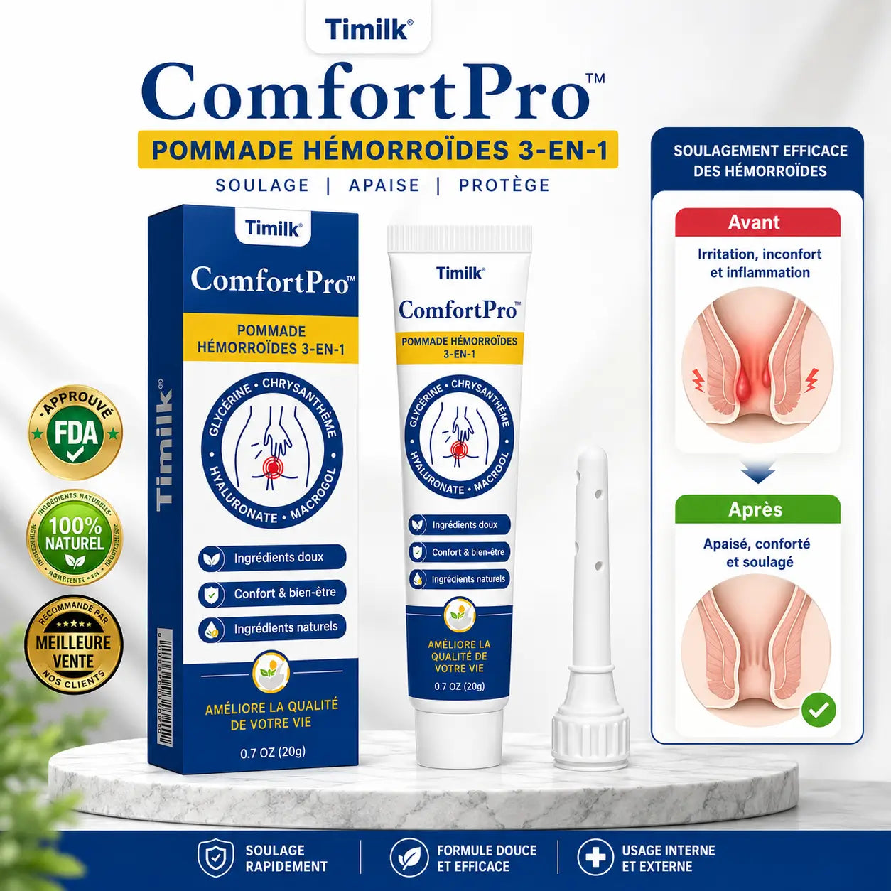 ComfortPro™ Pommade Hémorroïdes 3-en-1 | Brûlures, démangeaisons, gonflements : ciblez tout l’inconfort en une seule application !