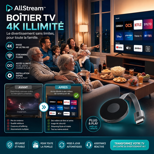 AllStream™ Boîtier TV 4K Illimité | Toutes les chaînes, films et séries à volonté, sans abonnement !
