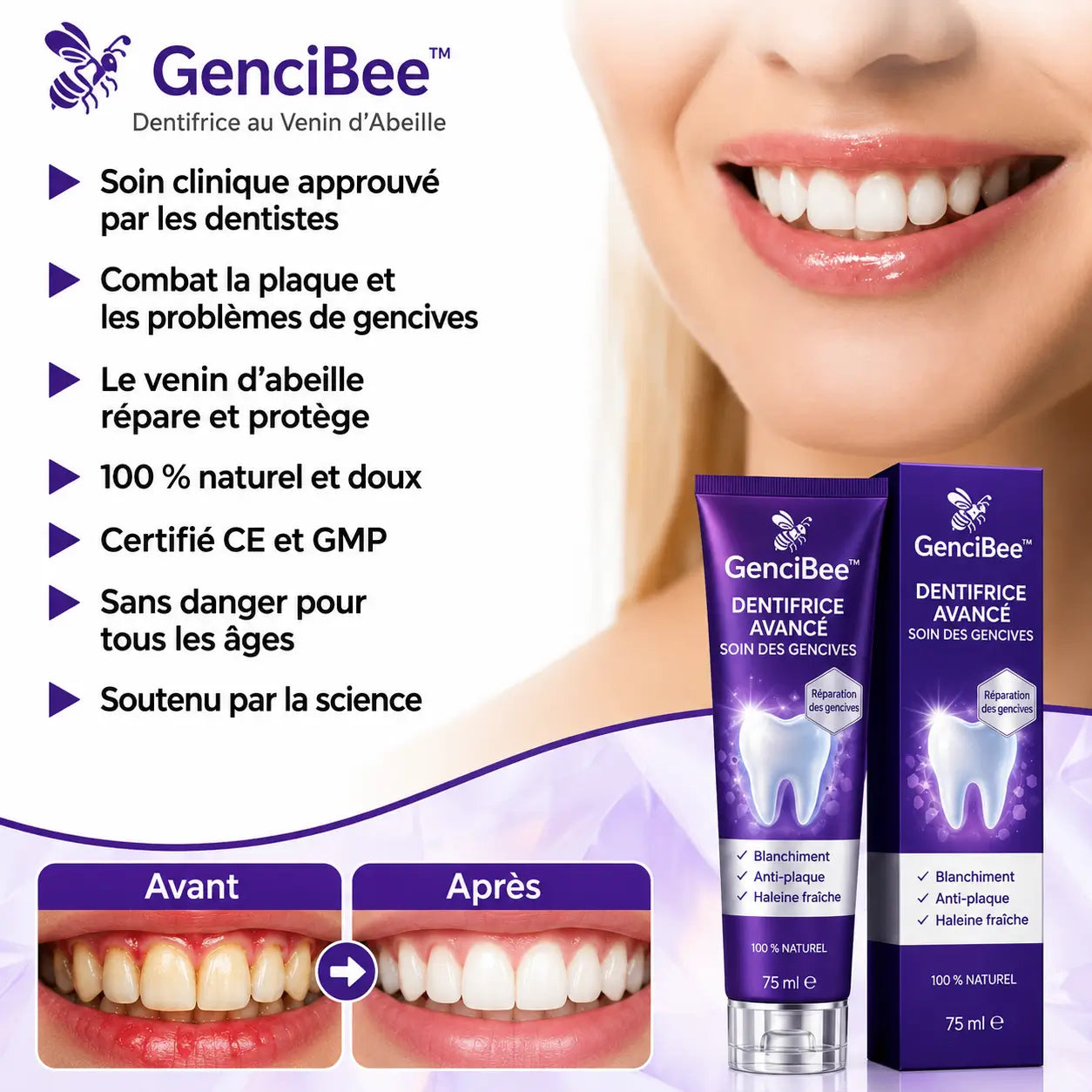 GenciBee™ Dentifrice au Venin d’Abeille | Stoppe les gencives qui saignent et renforce vos dents en 7 jours !