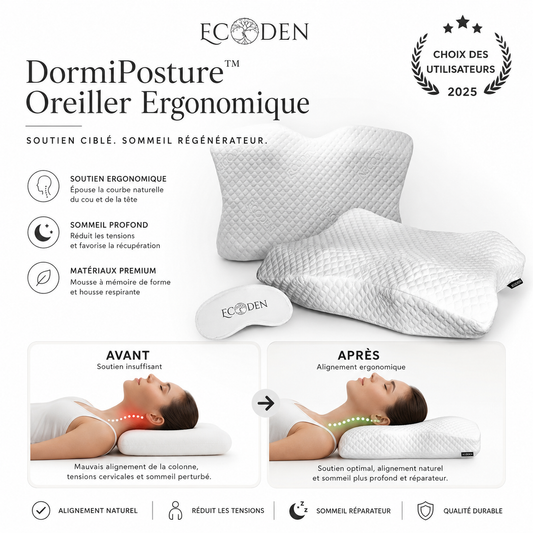 DormiPosture™ Oreiller Ergonomique | Soutient nuque, épaules et colonne pour un sommeil profond sans douleur !
