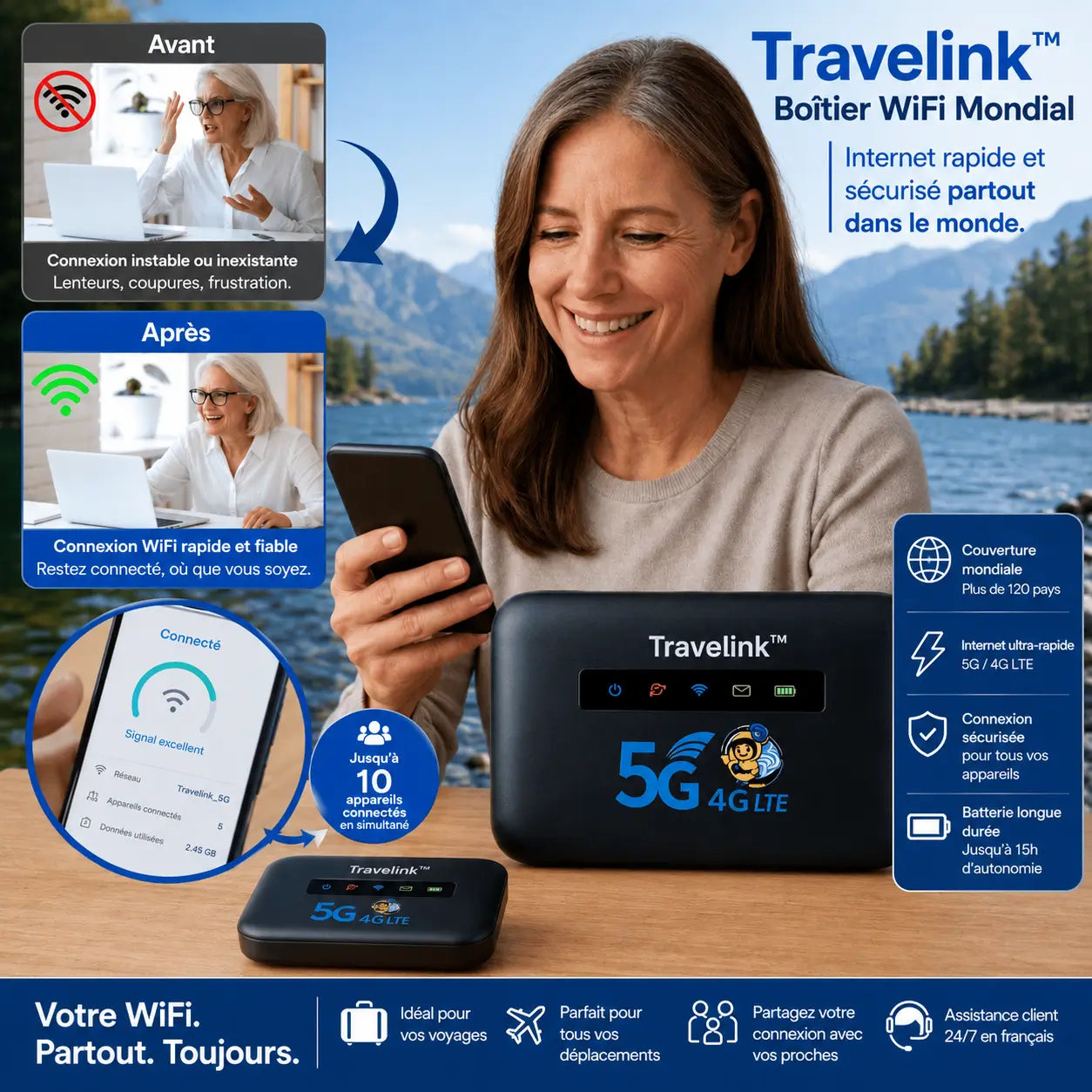 Travelink™ Boîtier WiFi Mondial | Internet partout, zéro roaming, connexion instantanée dans plus de 196 pays !