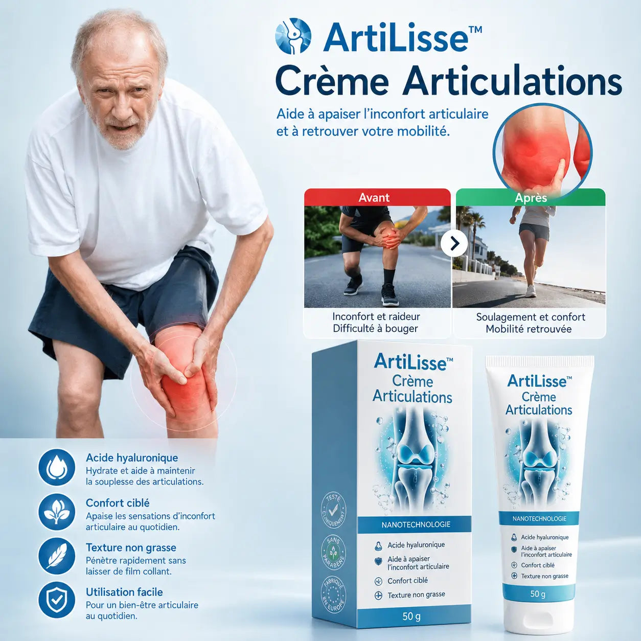 ArtiLisse™ Crème Articulations | Réduit les douleurs au genou jusqu’à 87% – en seulement 48 heures !