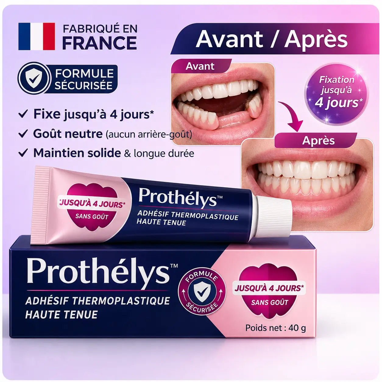 Prothélys™ Adhésif Thermoplastique Haute Tenue | Fixe instantanément votre prothèse, stoppe les mouvements gênants en 3 minutes !