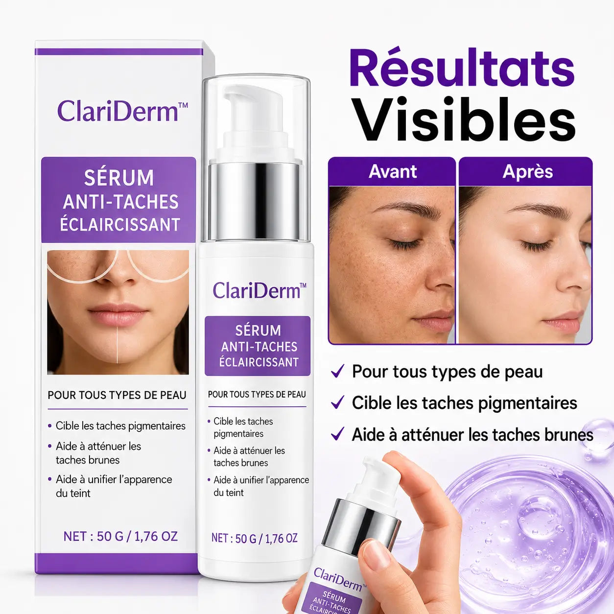 ClariDerm™ Sérum Anti-Taches Éclaircissant | Effacez vos taches brunes en 72 heures chrono !