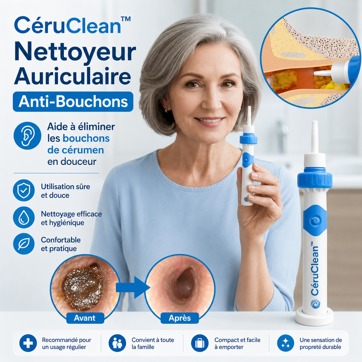 CéruClean™ Nettoyeur Auriculaire Anti-Bouchons | Élimine 95 % du cérumen en 60 secondes !