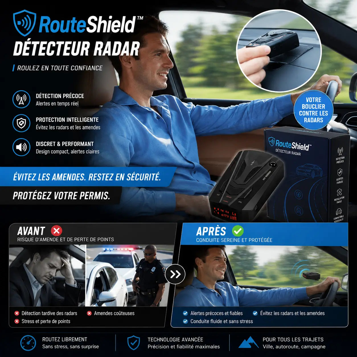 RouteShield™ Détecteur Radar | Anticipez les radars cachés, évitez les amendes et protégez votre permis !