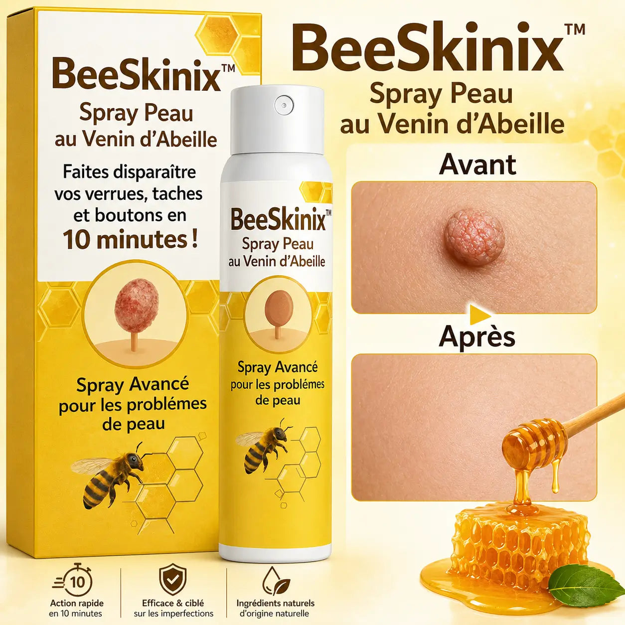 BeeSkinix™ Spray Peau au Venin d’Abeille | Faites disparaître vos verrues, taches et boutons en 10 minutes !