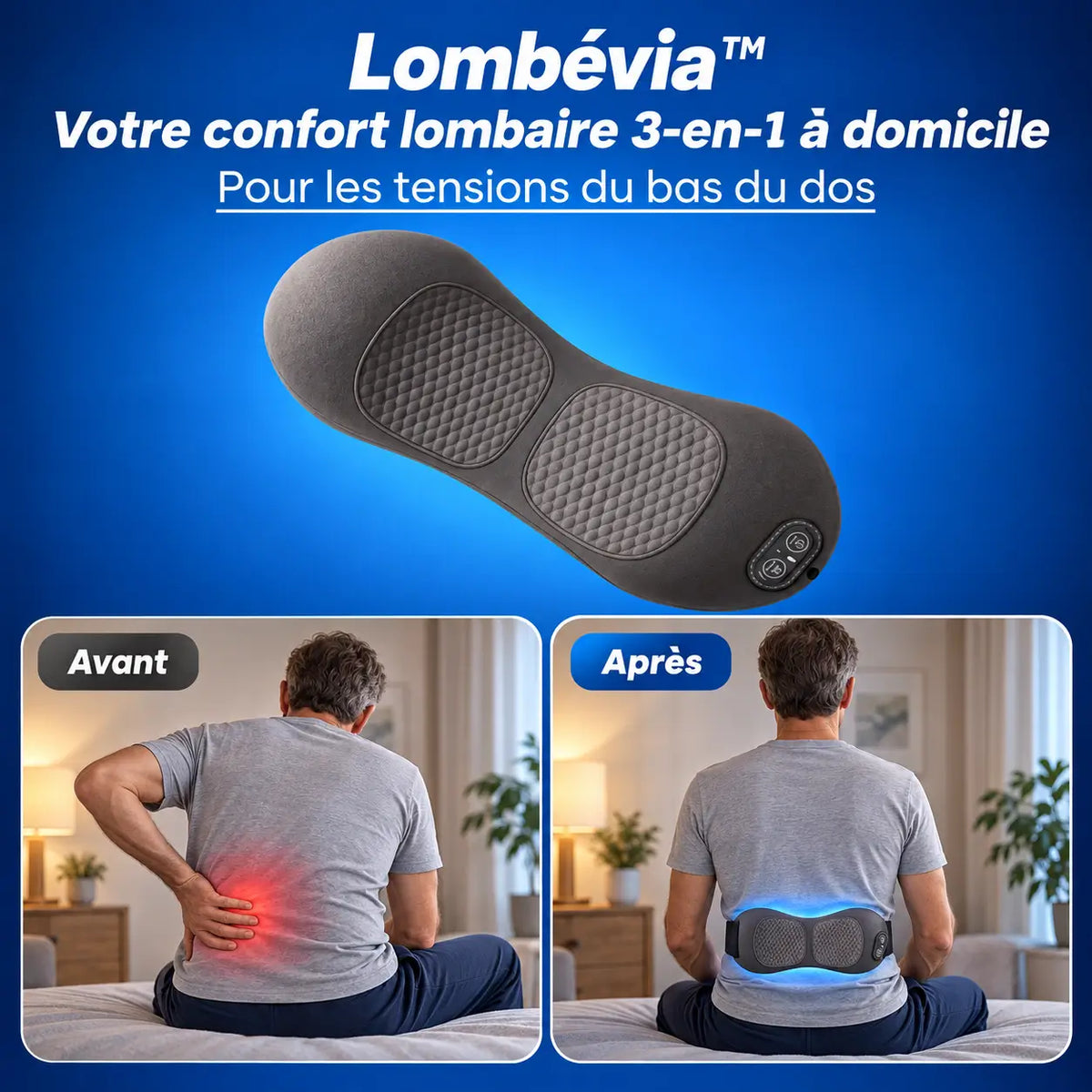 Lombévia™ Masseur Lombaire Triple Action | Soulagez vos douleurs sciatiques et lombaires en 15 minutes chrono !