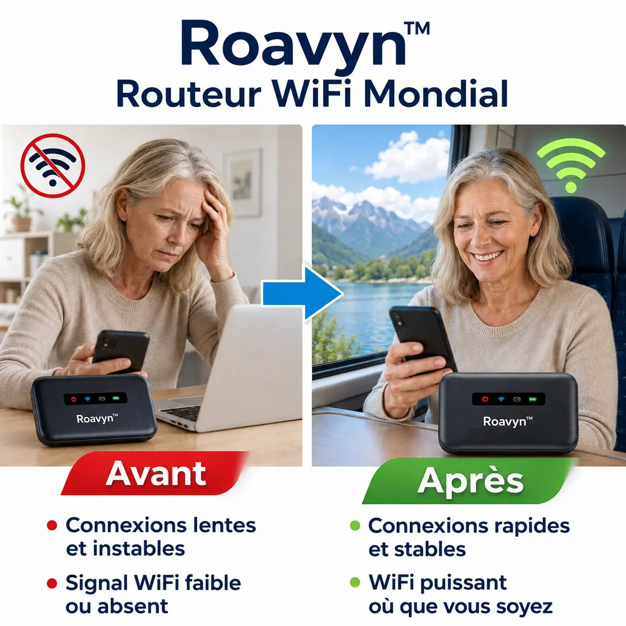 Roavyn™ Routeur WiFi Mondial | Internet 4G/5G dans 196 pays en 5 secondes chrono, sans surcoût !
