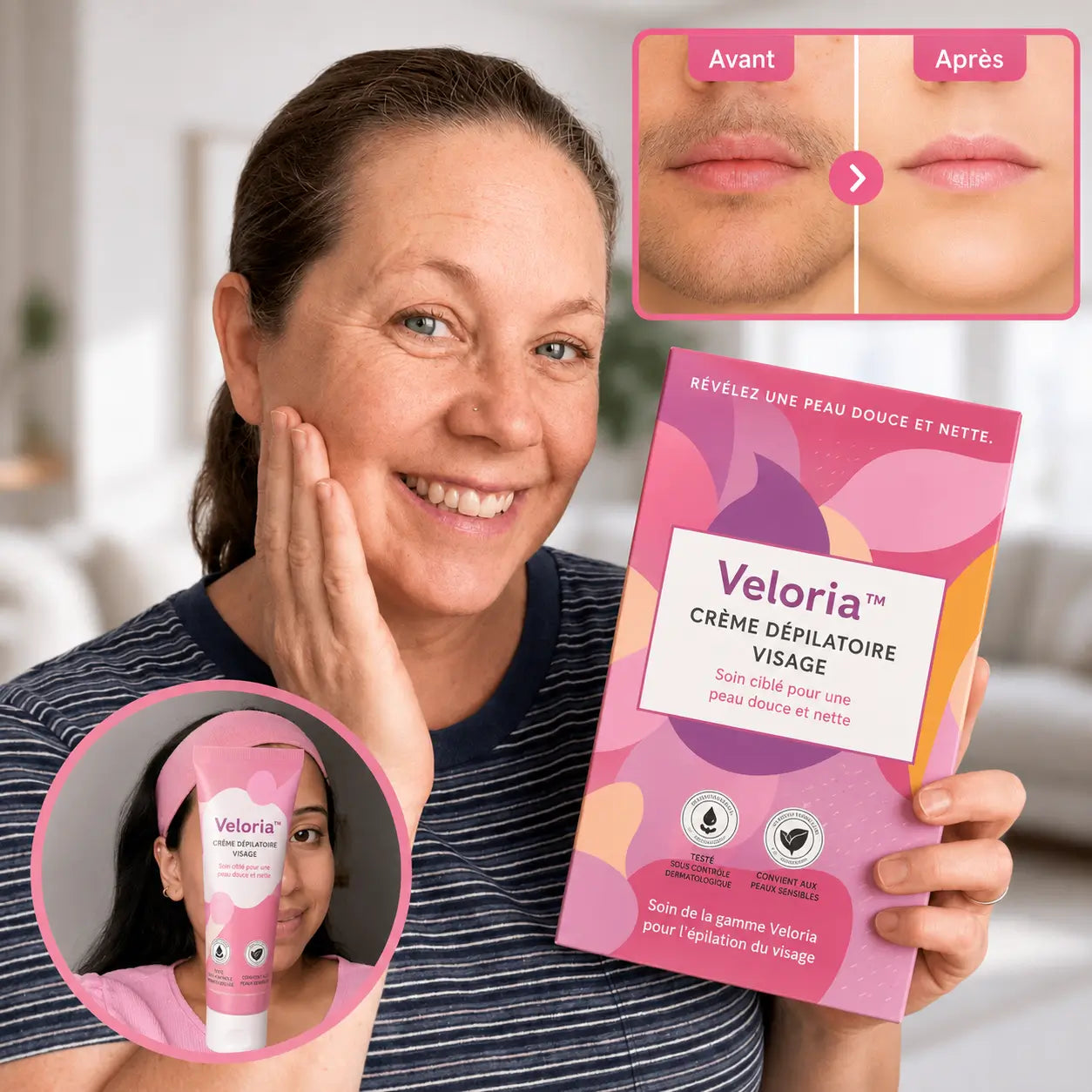 Veloria™ Crème Dépilatoire Visage | Éliminez jusqu'à 96 % des poils du visage en 5 minutes !