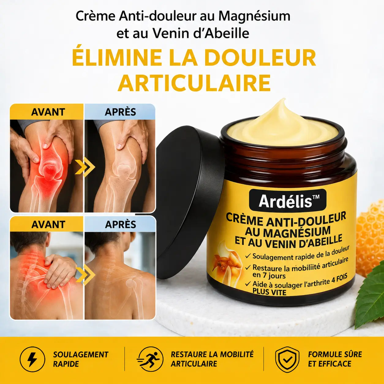 Ardélis™ Crème Anti-douleur au Magnésium et au Venin d'Abeille | Supprime vos douleurs articulaires en un instant!