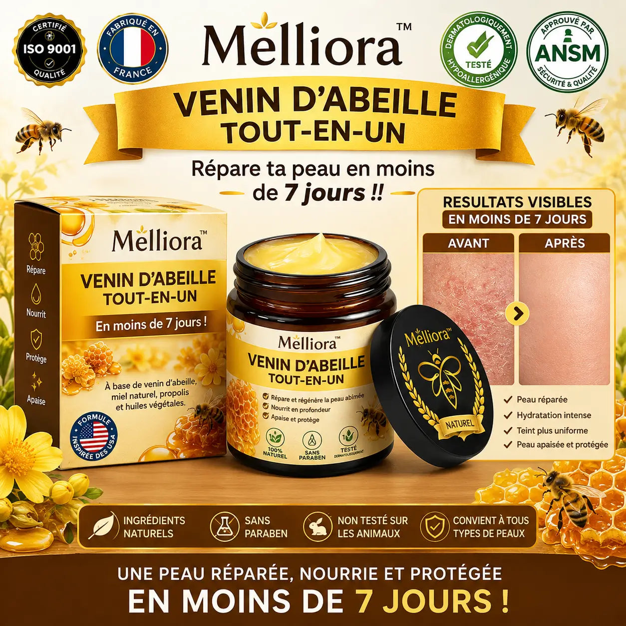 Melliora™ Venin d’Abeille Tout-en-Un | Répare ta peau en moins de 7 jours!