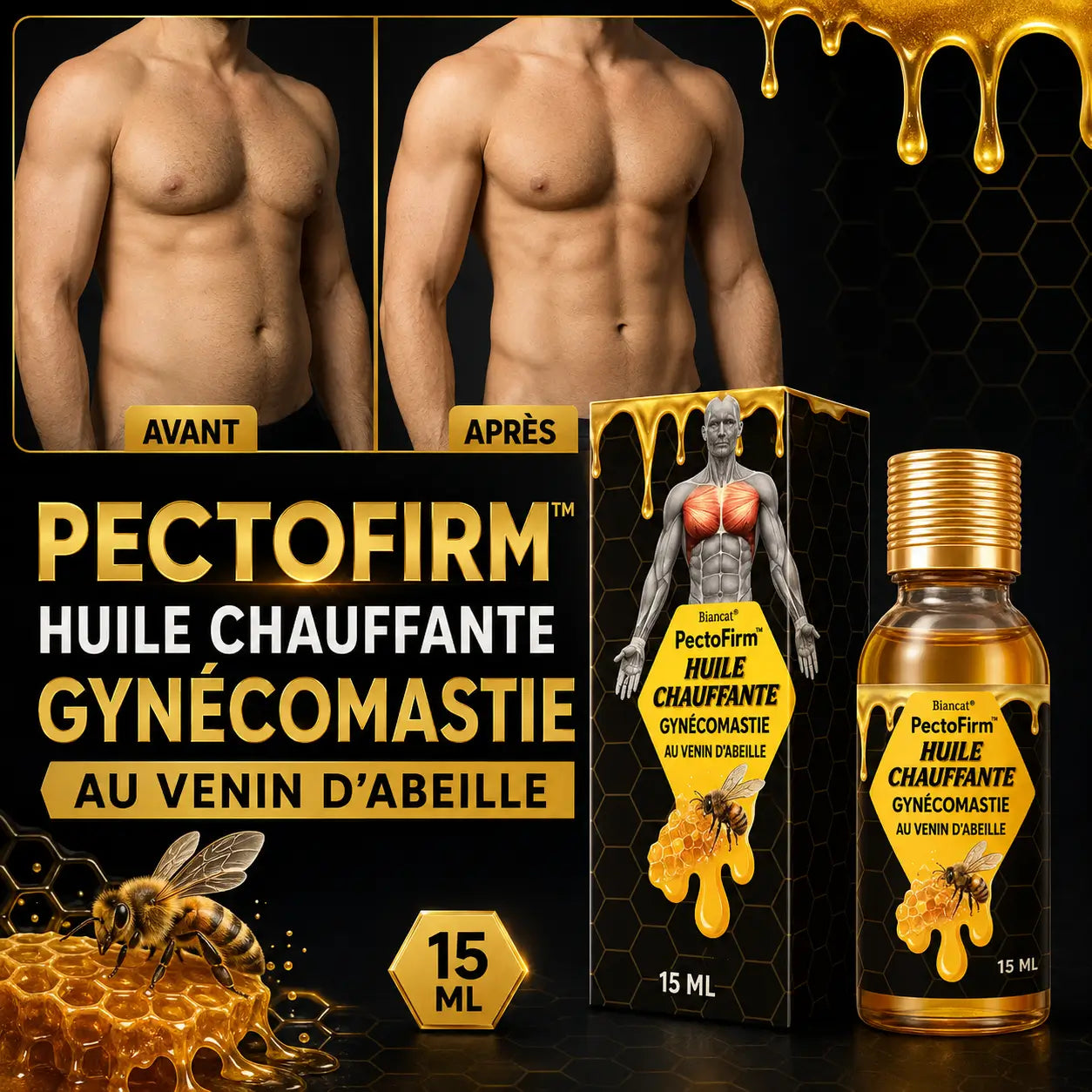 PectoFirm™ Huile Chauffante Gynécomastie au Venin d’Abeille | Réduisez l’effet “seins d’homme” et retrouvez un torse plus plat !