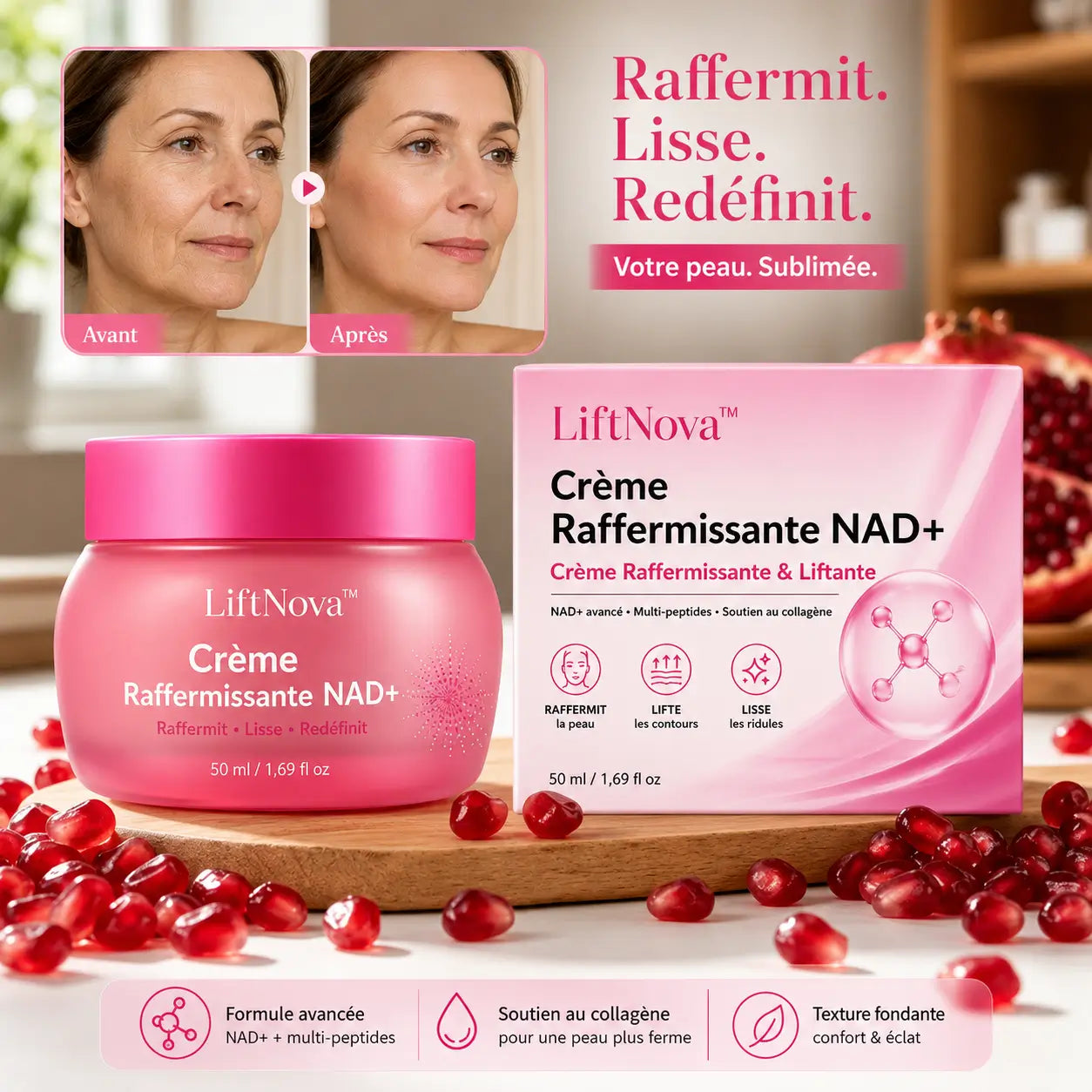 LiftNova™ Crème Raffermissante NAD+ | Lissez rides, relâchement et peau fripée en 14 jours, sans injections !