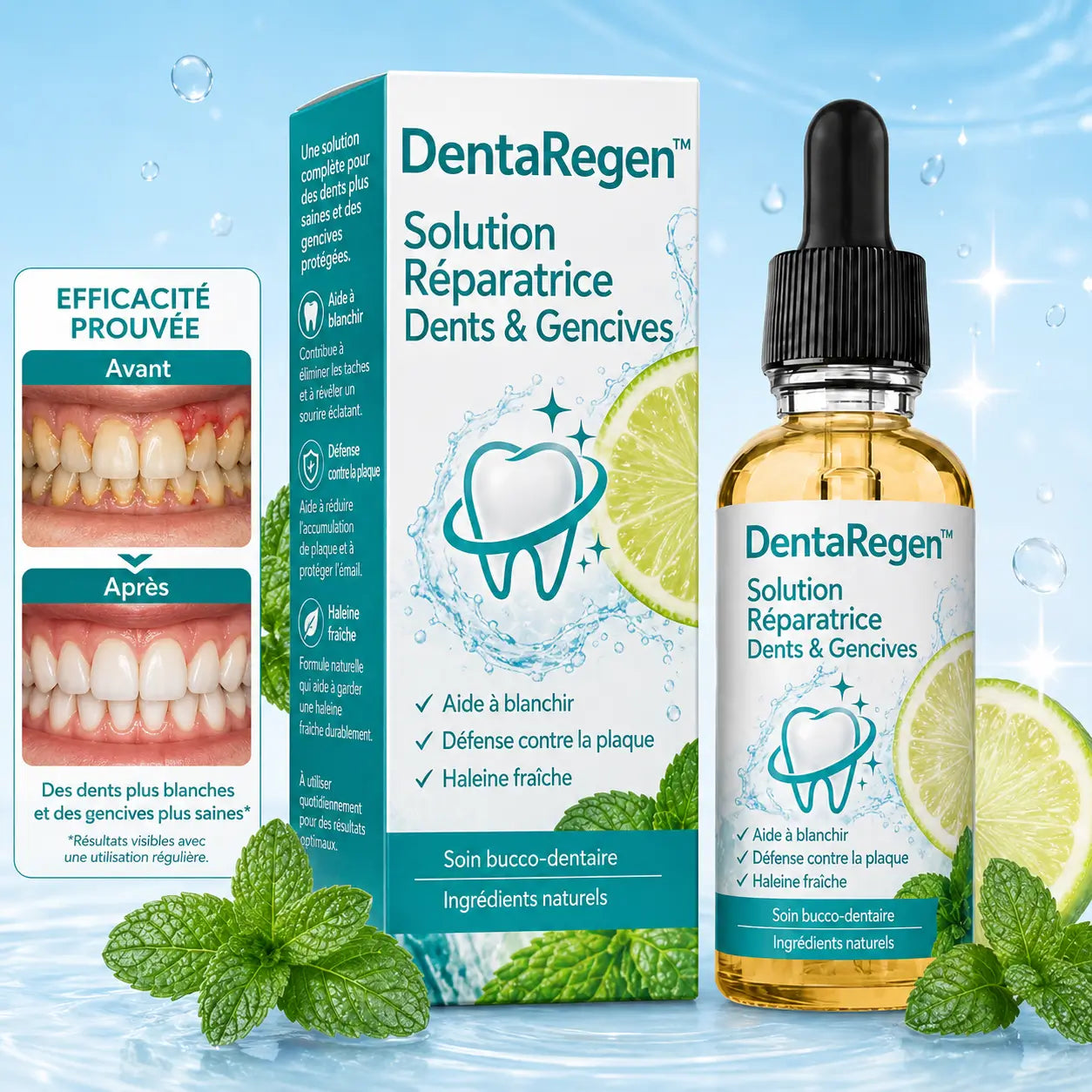 DentaRegen™ Solution Réparatrice Dents & Gencives | Réparez vos dents et apaisez vos gencives dès les premiers rinçages !
