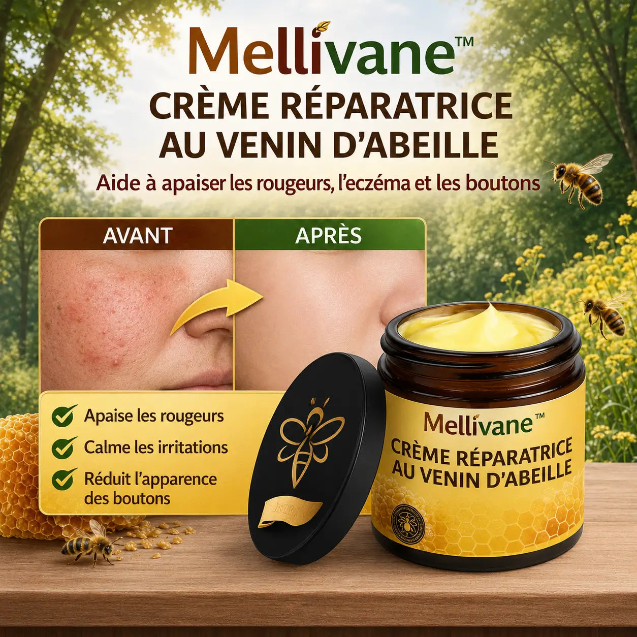 Mellivane™ Crème Réparatrice au Venin d’Abeille | Stoppe rougeurs, eczéma et boutons dès la première application !