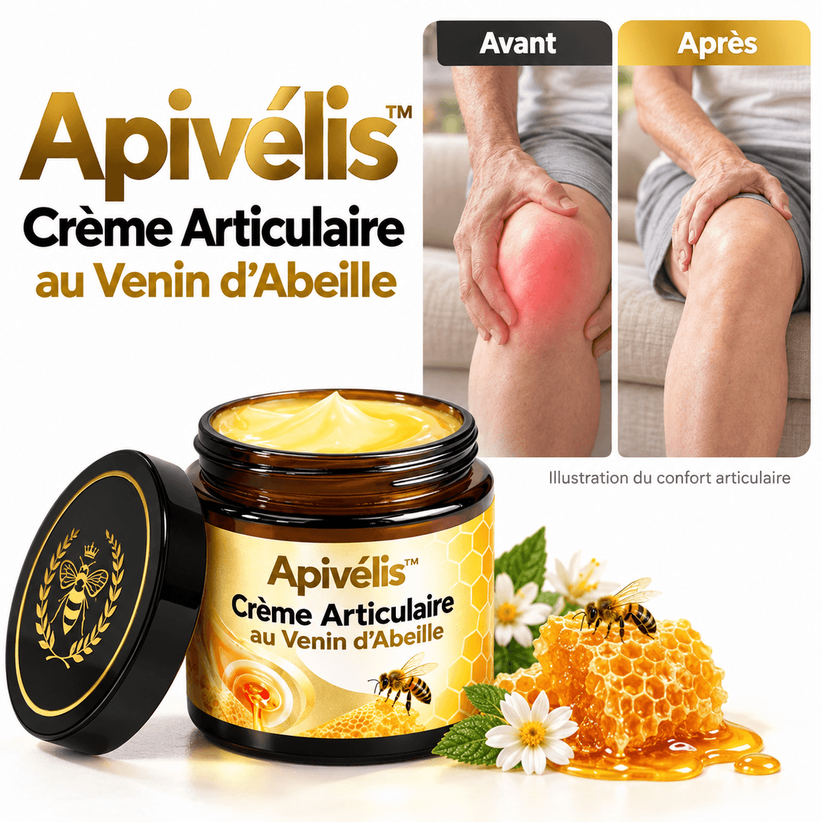 Apivélis™ Crème Articulaire au Venin d’Abeille | Soulage les douleurs et libère vos articulations en 10 minutes !