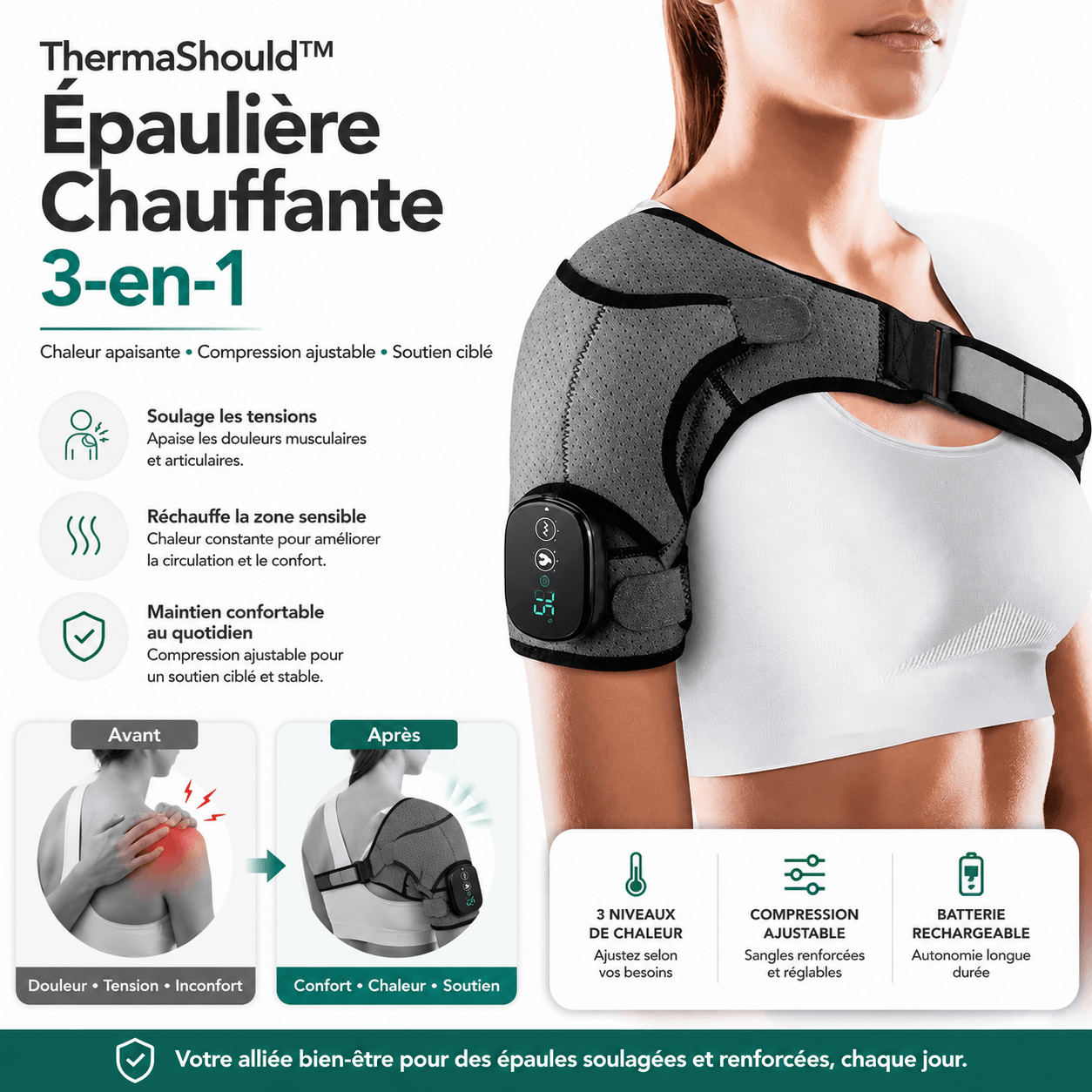 ThermaShould™ Épaulière Chauffante 3-en-1 | Soulage la douleur, soutient l’épaule et favorise un soulagement rapide !