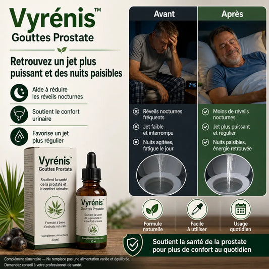 Vyrénis™ Gouttes Prostate | Retrouvez un jet puissant et dormez enfin toute la nuit sans interruption !