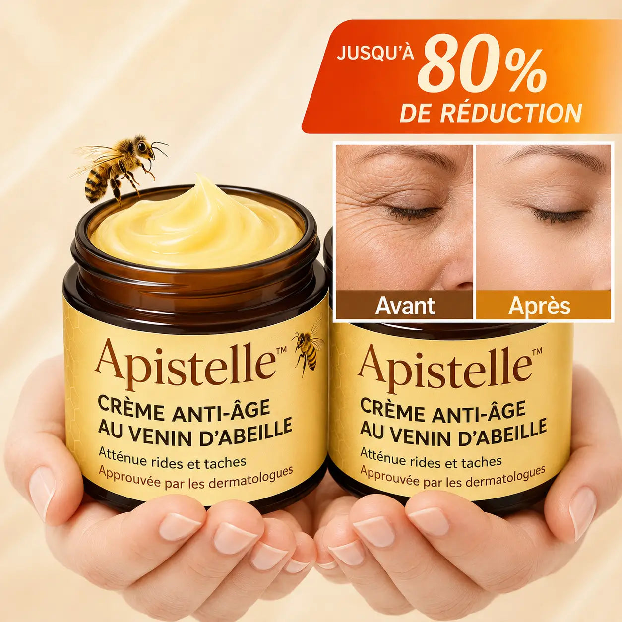 Apistelle™ Crème Anti-Âge au Venin d’Abeille | Élimine rides et taches en 3 minutes – approuvé par les dermatologues!