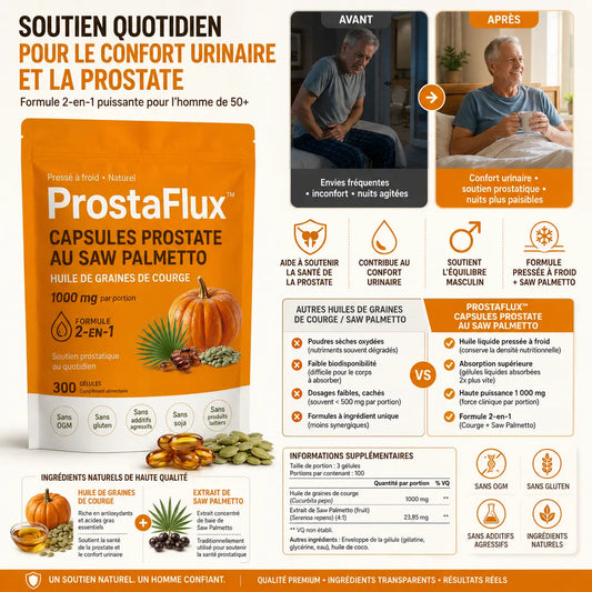 ProstaFlux™ Capsules Prostate au Saw Palmetto | Réduisez les réveils nocturnes et retrouvez un flux puissant sans ordonnance !