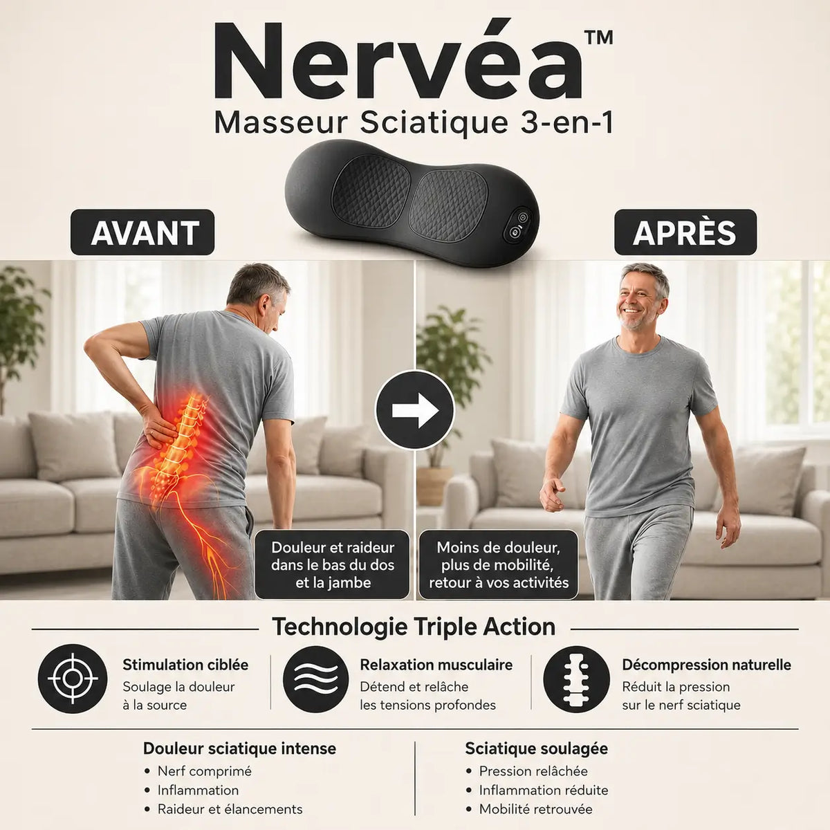 Nervex™ Masseur Sciatique 3-en-1 | Stoppez la sciatique et libérez votre dos en 5 minutes par jour !