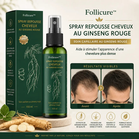 Follicure™ Spray Repousse Cheveux au Ginseng Rouge | Stoppez la chute et retrouvez des cheveux plus denses en 8 semaines !