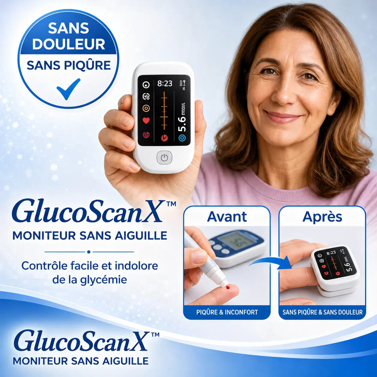 GlucoScanX™ Moniteur Sans Aiguille | Oubliez les piqûres, posez votre doigt et contrôlez votre glycémie en 5 secondes sans douleur !