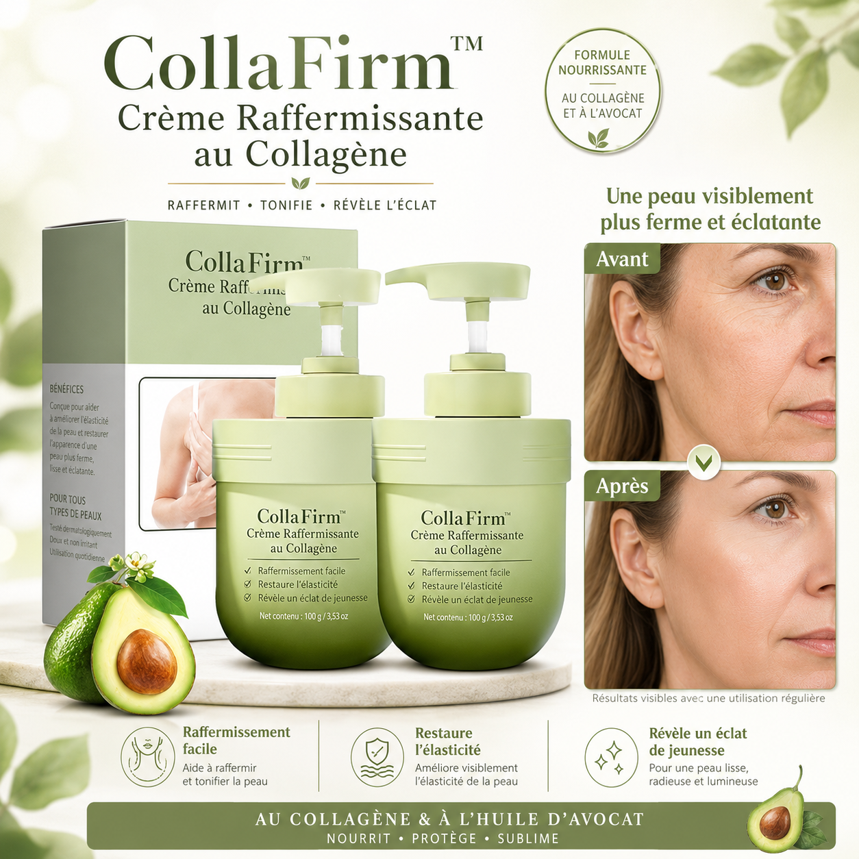 CollaFirm™ Crème Raffermissante au Collagène | Retendez votre peau relâchée et lissez les rides dès les premières applications !
