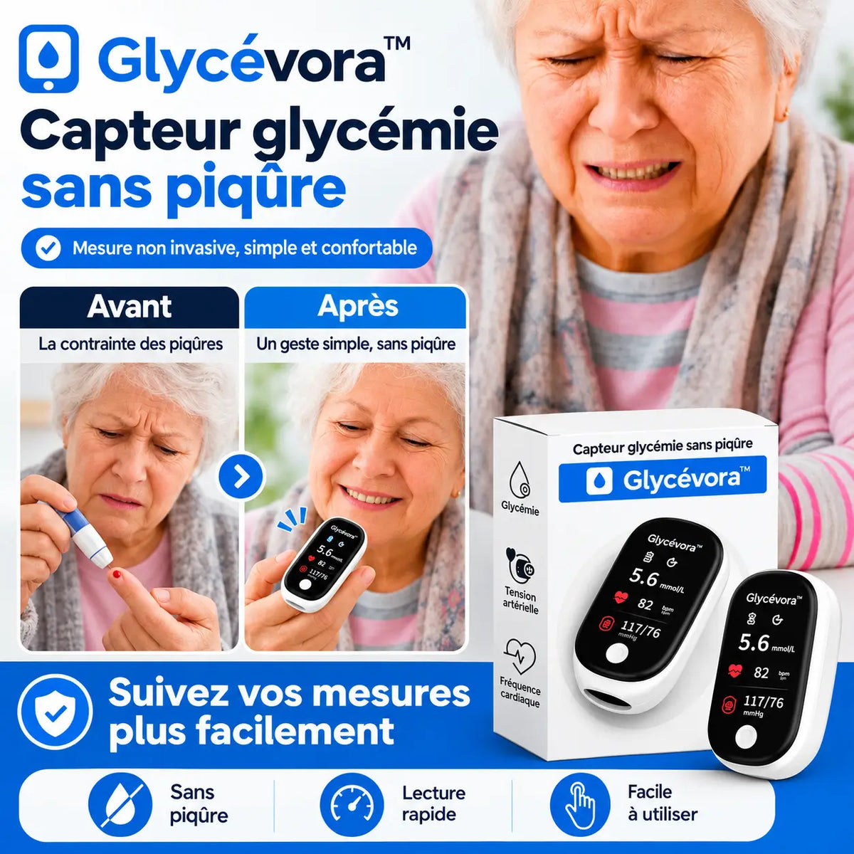 Glycévora™ Capteur Glycémie Sans Piqûre | Vérifiez votre sucre en 5 secondes, sans sang ni douleur !
