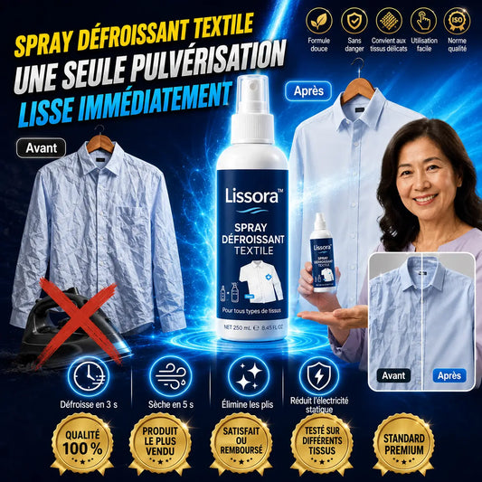 Lissora™ Spray Défroissant Textile | Effacez les plis et redonnez une allure impeccable à vos vêtements !
