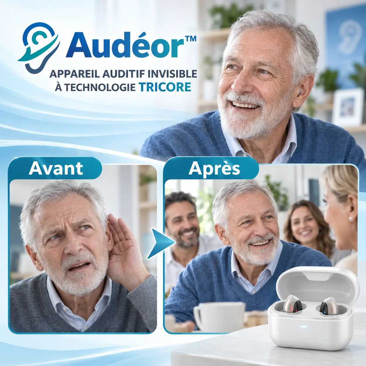 Audéor™ Appareil Auditif Invisible à Technologie TriCore | Entendez parfaitement en 3 secondes, sans aucun sifflement !