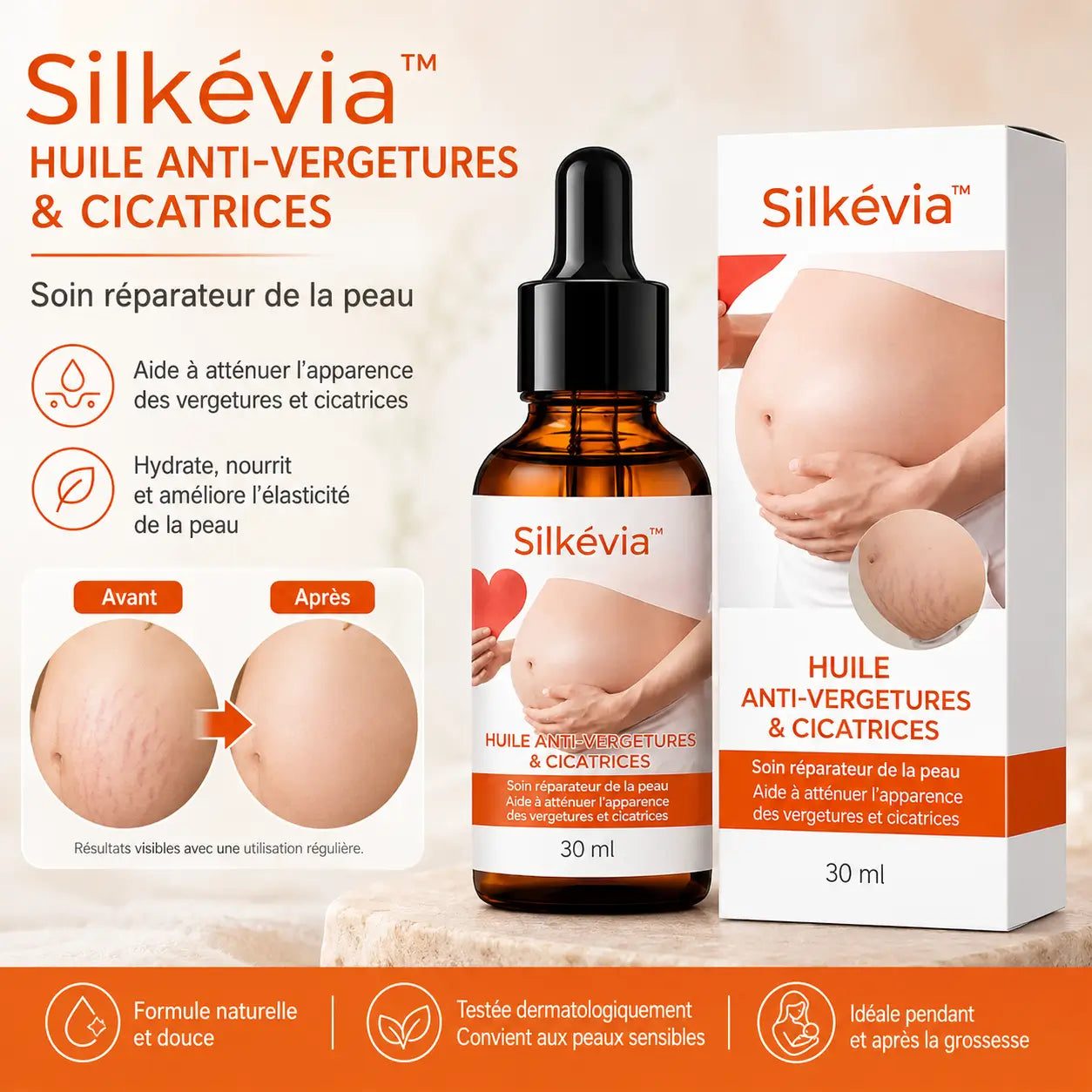 Silkévia™ Huile Anti-Vergetures & Cicatrices | Effacez vos marques et retrouvez une peau plus lisse dès les premières applications !