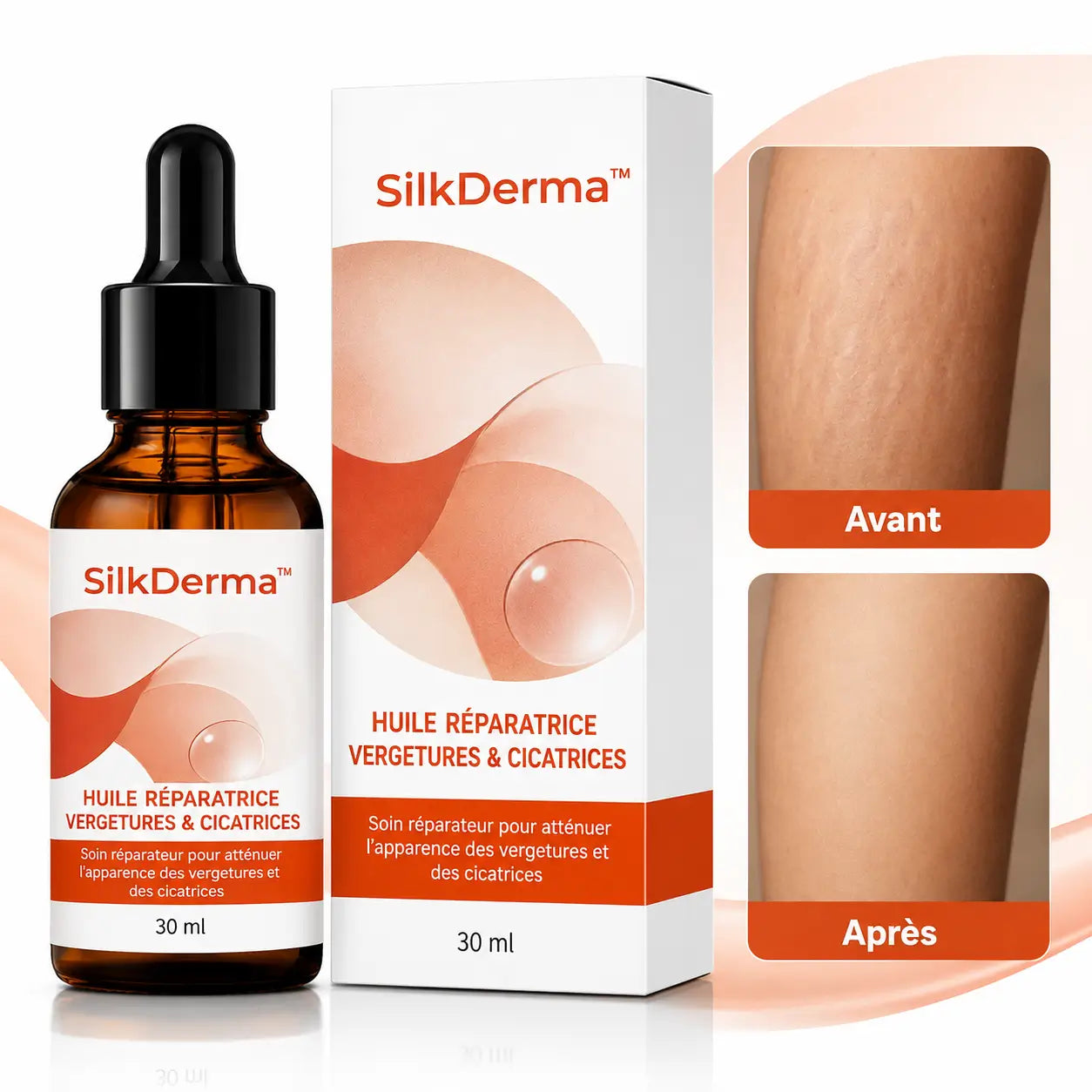 SilkDerma™ Huile Réparatrice Vergetures & Cicatrices | Lissez les marques visibles et retrouvez une peau douce, souple et uniforme !