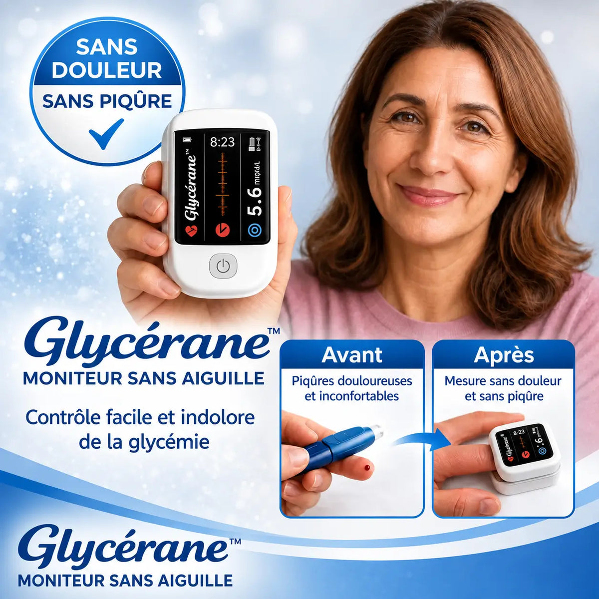 Glycérane™ Moniteur Sans Aiguille | Oubliez les piqûres, posez votre doigt et contrôlez votre glycémie en 5 secondes sans douleur !