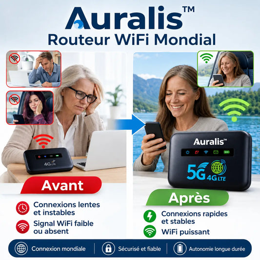Auralis™ Routeur WiFi Mondial | Internet 4G/5G dans 196 pays en 5 secondes chrono, sans surcoût !