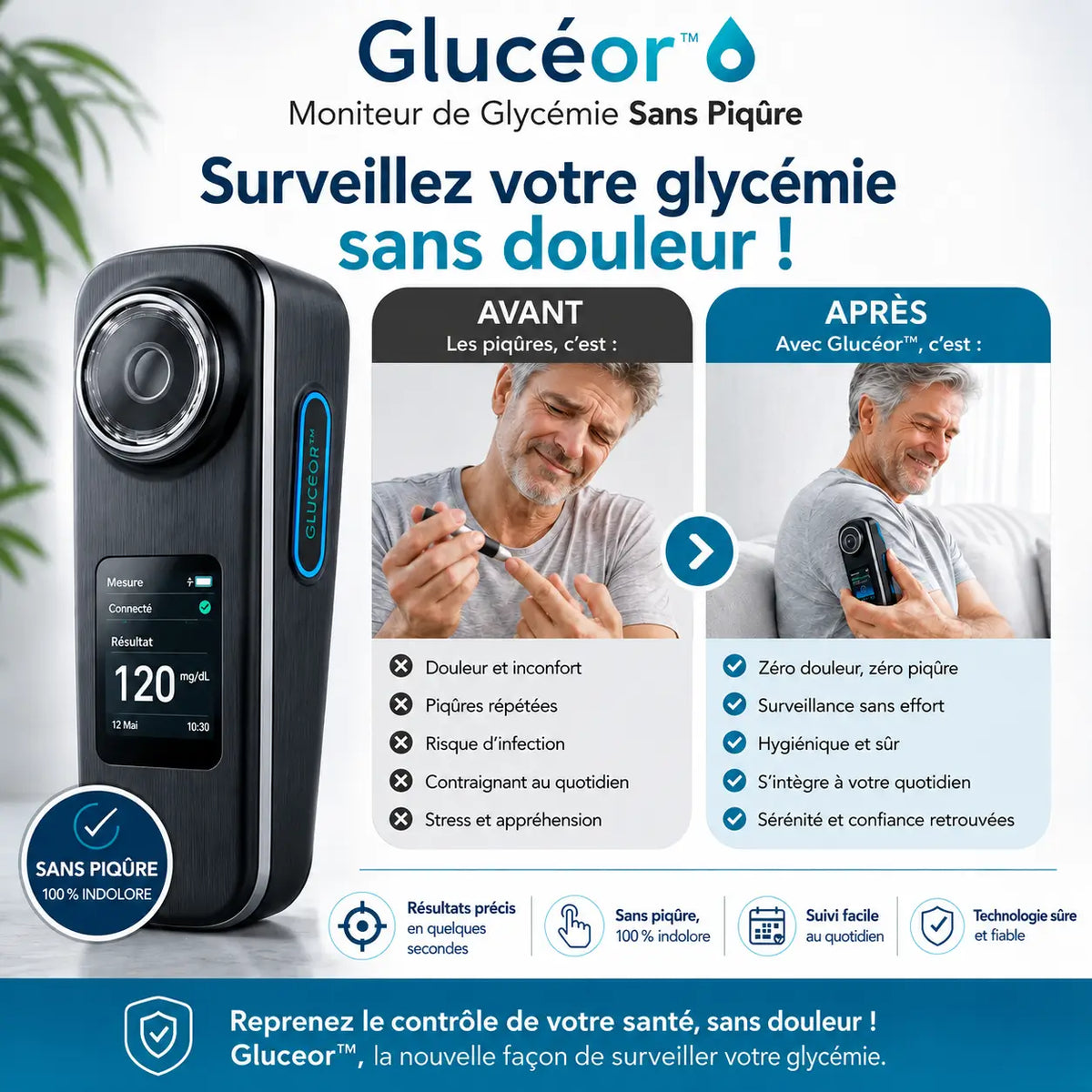 Glucéor™ Moniteur de Glycémie Sans Piqûre | Surveillez votre glycémie sans douleur !
