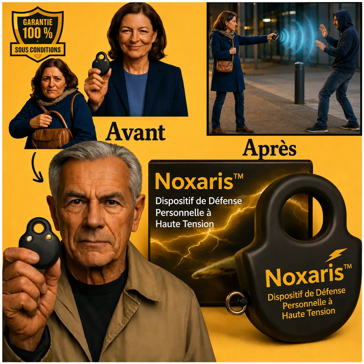 Noxaris™ Dispositif de Défense Personnelle à Haute Tension | Neutralisez tout agresseur en seulement 1 seconde, sans effort !