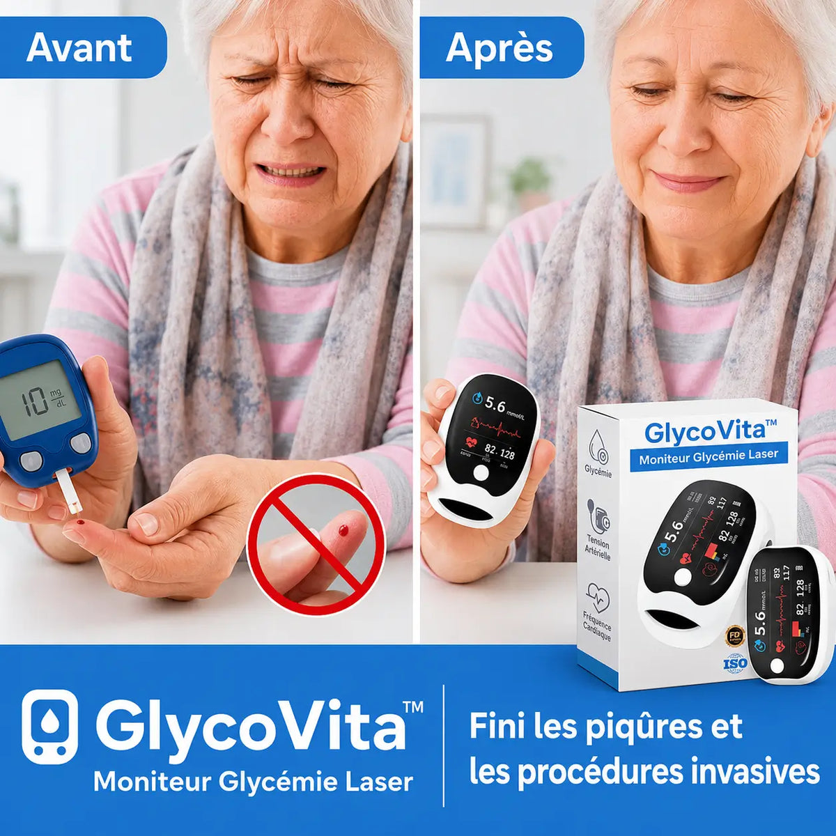 GlycoVita™ Moniteur Glycémie Laser | Contrôlez votre glycémie en 5 secondes, sans piqûres, sans douleur !