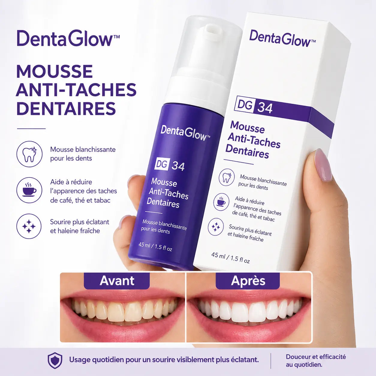 DentaGlow™ Mousse Anti-Taches Dentaires | Supprime le jaune et rend vos dents éclatantes dès la 1ère utilisation!