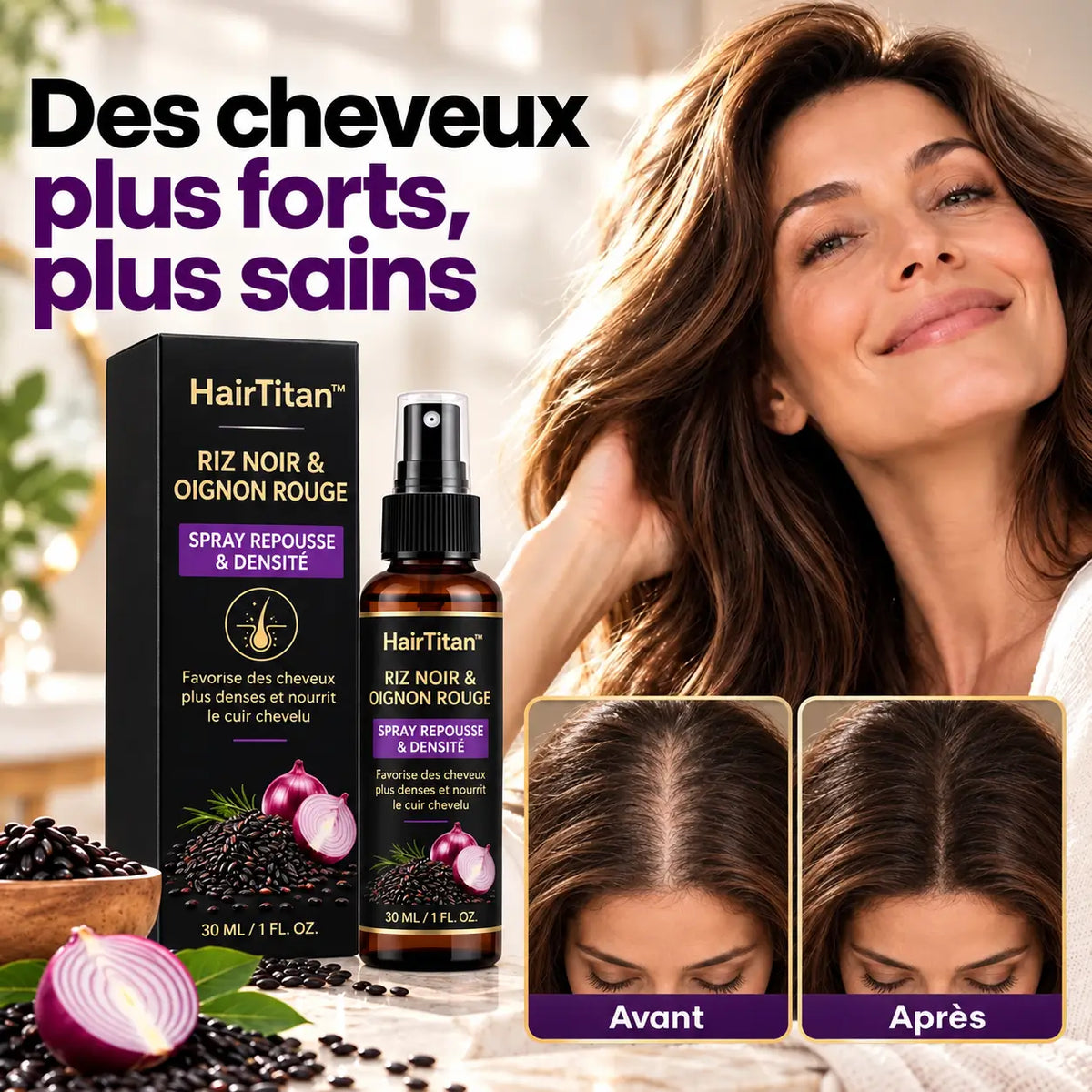 HairTitan™ Spray Repousse & Densité au Riz Noir | Retrouvez des cheveux plus épais, plus forts et visiblement plus jeunes !